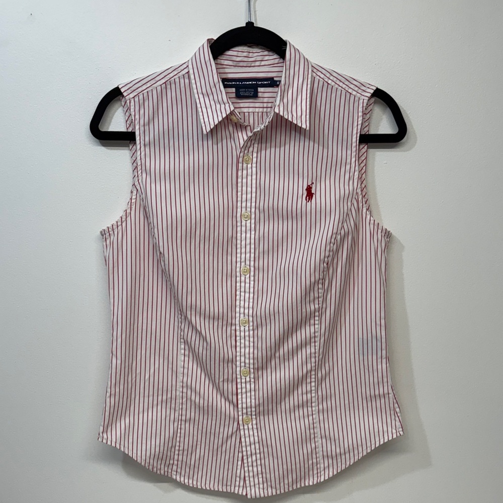 RALPH LAUREN Button Down Sleevless Blouse Red Stripes